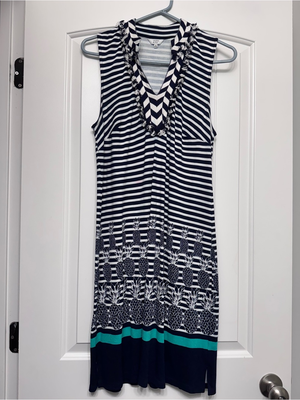 crown & ivy Navy, White & Teal Striped Pineapple Sleeveless Dress